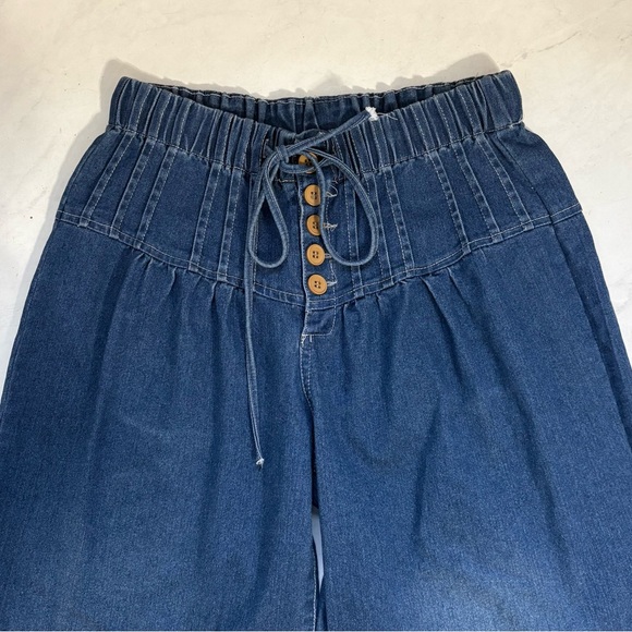 Wide Leg Pleated Waist Button Fly Waist Tie Jeans Boho Hippie Festival Y2K - Picture 4 of 6